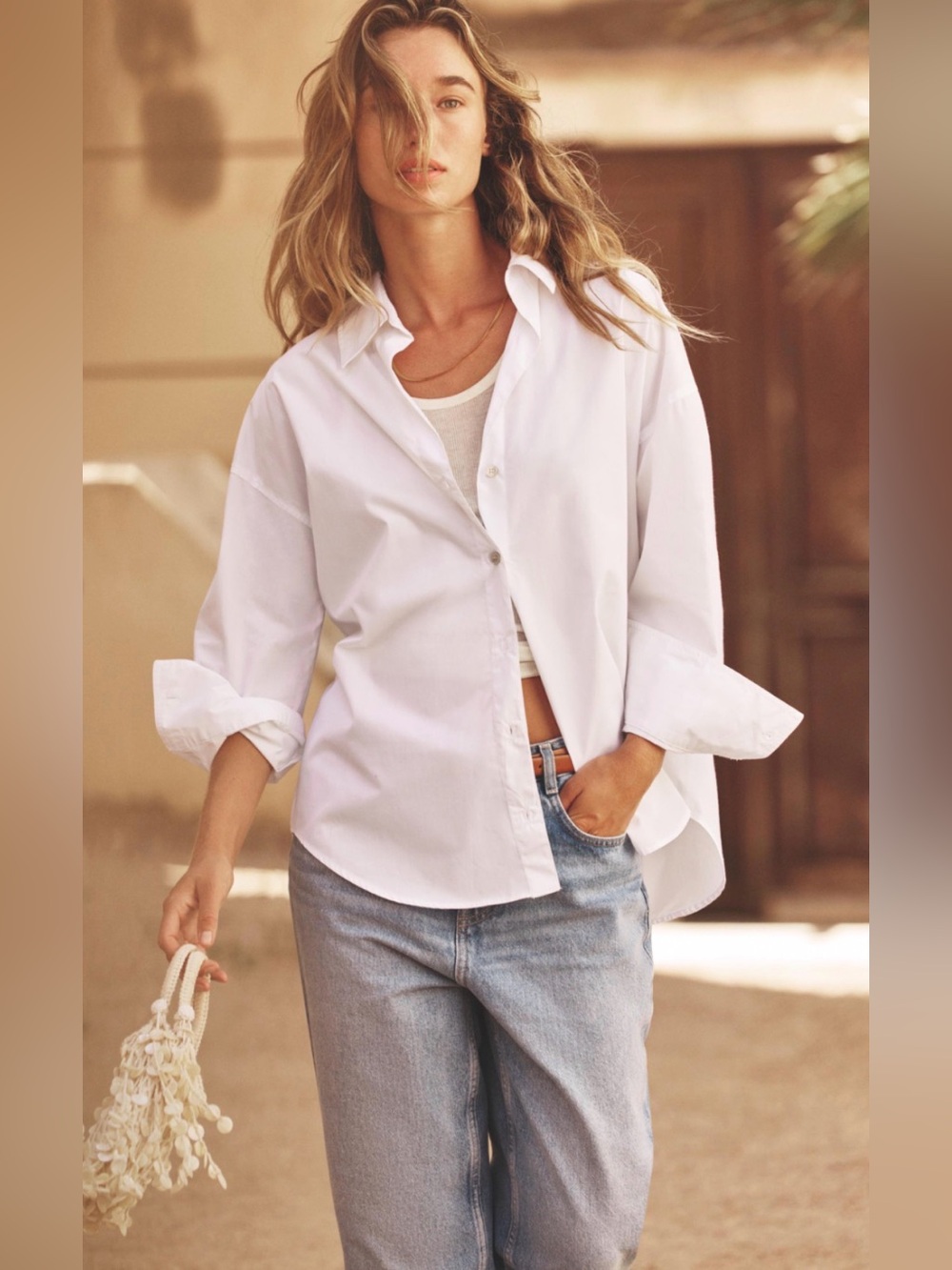 ZARA White V-neck Cotton Poplin Button-Down Shirt XL